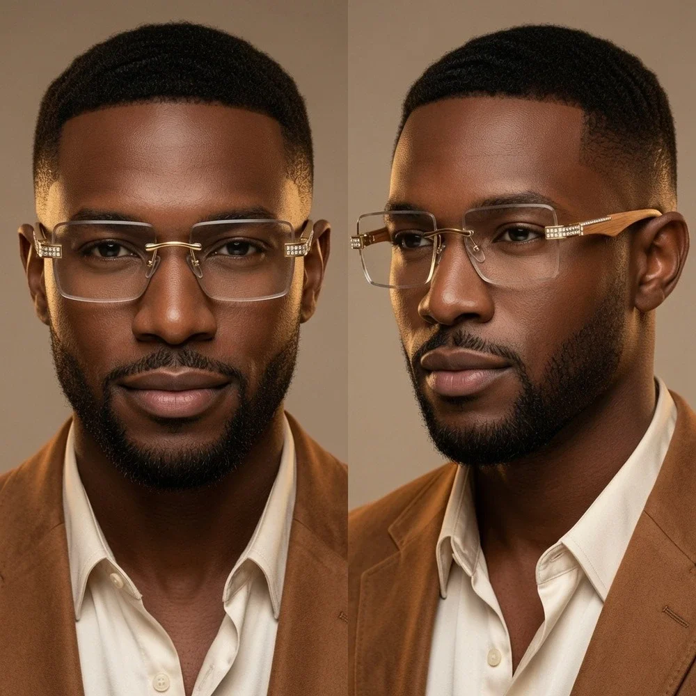 Rimless‎ Rectangle Hip Hop Sunglasses Wood Grain Arms Rhinestone Accents Men New